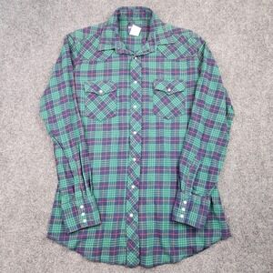 Wrangler Shirt Mens Large Tall Green Blue Plaid Western Pearl Snap Cotton Long